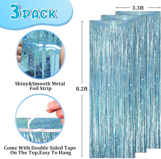 Voircoloria Laser Light Blue Fringe Backdrop Curtains, 3 Pack | Tinsel Streamers - Image 2