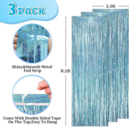 Voircoloria Laser Light Blue Fringe Backdrop Curtains, 3 Pack | Tinsel Streamers - Image 2