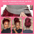 250 Density Hidden Strap Water Wave 360 99j Burgundy Glueless Wigs Human Hair Pre Plucked Pre Bleached Human Hair Wig With Drawstring Wet and Wavy HD Full Lace Front Wigs Human Hair 28 Inch