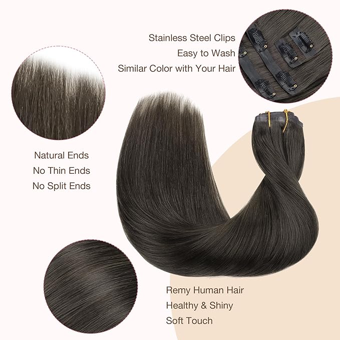 GOO GOO Clip in Hair Extensions Real Human Hair, Remy Human Hair Extensions Clip ins for Women, Natural Human Hair, 20inch 110g 7Pcs, 1C Mocha Brown
