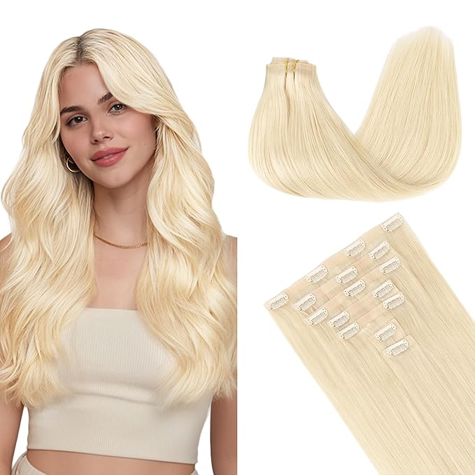 GOO GOO Clip in Hair Extensions Real Human Hair, Remy Human Hair Extensions Clip ins for Women, Natural Human Hair, 20inch 150g 7Pcs, 613R Bleach Blonde
