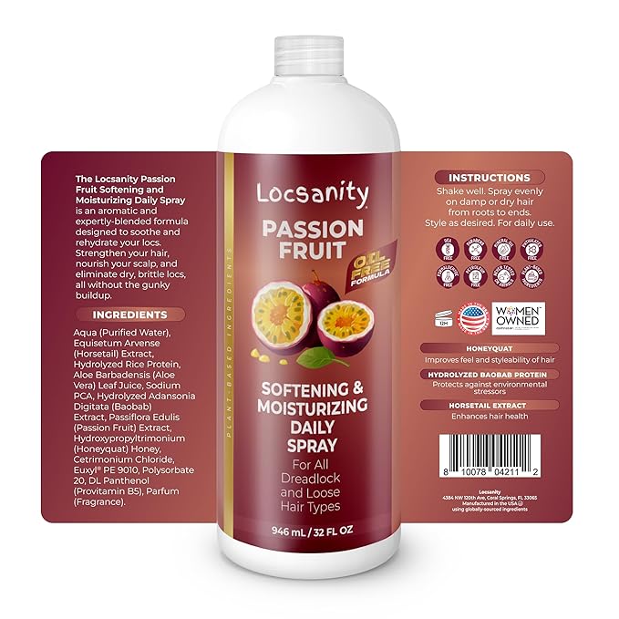 Locsanity Daily Moisturizing Spray for Dull, Dry Locs - Jumbo Size Passion Fruit Hair and Scalp Moisturizer for Dreadlocks, Sisterlocks, Microlocks, Braids to Control Oil and Frizz Passionfruit