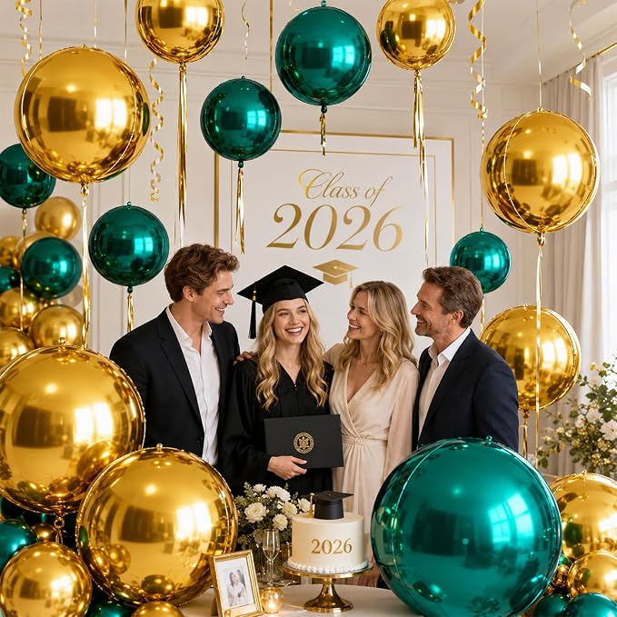 Biapian Green and Gold Round Balloons Foil, Metallic Gold Blue Large Balloons - Image 3