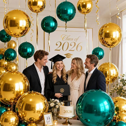 Biapian Green and Gold Round Balloons Foil, Metallic Gold Blue Large Balloons - Image 3