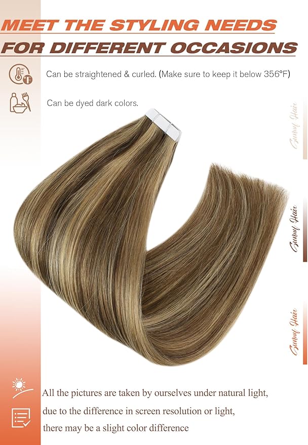 Sunny Hair Tape in Hair Extensions Real Human Hair Invisible Remy Hair Extensions Tape ins for Women Dark Brown Highlight Caramel Blonde 24 inch 20Pcs 50G