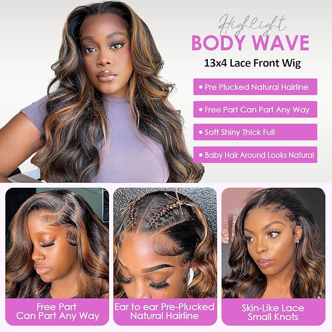 Ombre Lace Front Wig Human Hair Highlight Body Wave Lace Front Wigs Human Hair Pre Plucked 13x4 Transparent Lace Frontal Wig 200 Density Glueless 1B/30 Highlighted Wigs 20 Inch