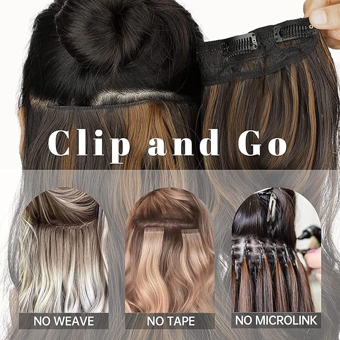 KooKaStyle Hair Extensions Medium Brown mix Caramel Blonde Clip in Synthetic Highlight Hair Extensions Long Wavy 4PCS Thick Hairpieces 20 Inch for Women