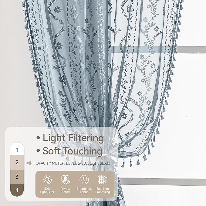 WAZZIO Boho Lace Curtains 2 Panels 63 Inch -Victorian Sheer Panel Drape French - Image 5