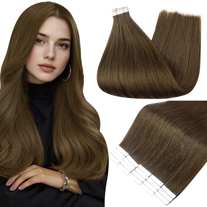 Full Shine Human Hair Extensions Tape in Color 4 Medium Brown Remy Double Sided Human Hair Tape in Extensions 12 Inch Invisible Natural Seamless Skin Weft Extensions 30G 20 PCS for Party