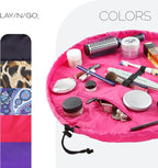 Lay-n-Go Cosmo Layflat Drawstring Cosmetic & Makeup Bag Organizer w/Zipper Pocket, Brush Loops & More, Cinch to Close, Lay Flat to Use, Durable, Machine Wash, Travel Toiletry Bag (22", Pink)