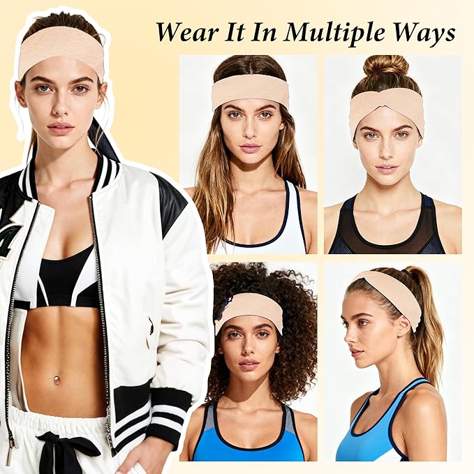Sweat Bands Headbands for Women's Hair - 6 Pack Workout Wide Headband for Women Non Slip, Stretchy Athletic Head Band, Elastic Soft Fabric Hairbands, Sweatbands for Yoga Running Gym Sports Exercise