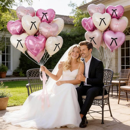 Pink White Heart Balloons with Ribbon Bow, 18 Inch Helium Balloon with Bow Decor - Image 4