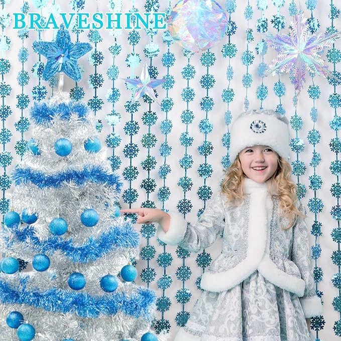 BRAVESHINE Blue Hanging Foil Fringe Snow Flakes Party Snowflake Backdrop | 2 - Image 4