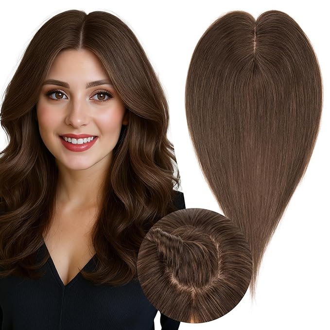 Real Human Hair Toppers for Women 3.54"*4.72" Silky Base 150% Density No Bangs Adjustable Parting Clip-In Topper Hairpieces for Women with Thinning Hair 14 Inches Dark Brown