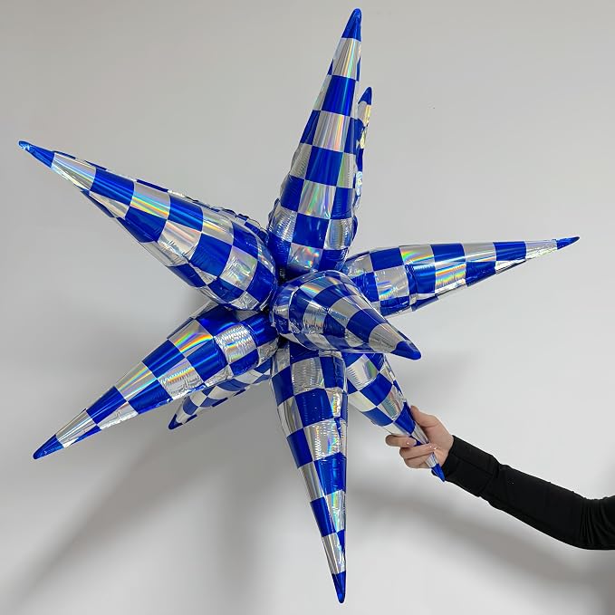 2 * 12 Pcs Blue Silver Iridescent Checkered Star Foil Balloons/Race Car - Image 4