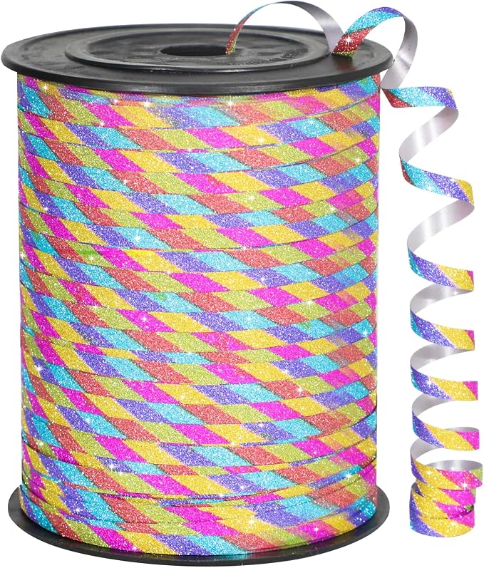 Glitter Rainbow Ribbon Curling 500 Yard, Balloon Ribbon-Balloon String by OMISELIO