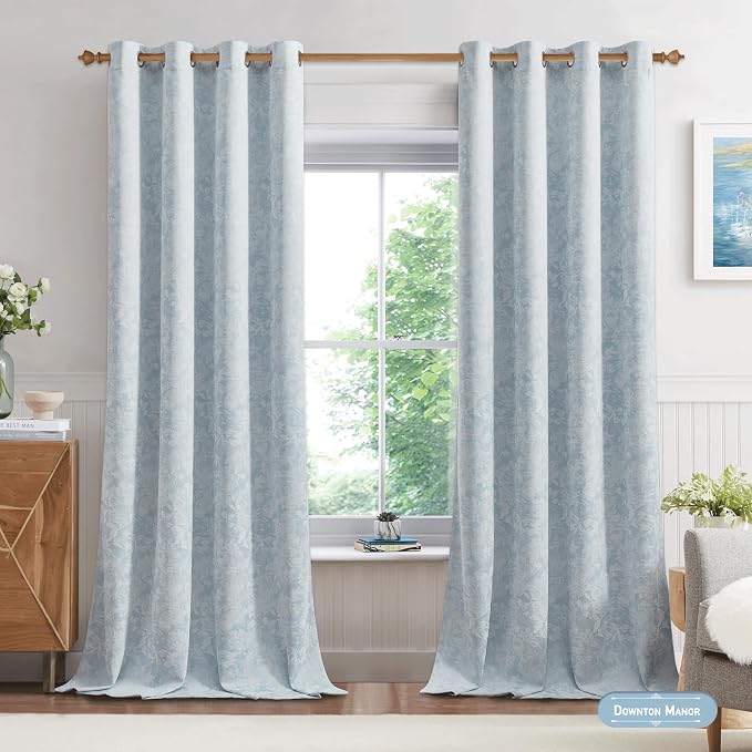 Beauoop Blue Floral Jacquard Blackout Curtains 90 Inches Long 2 Panels - Image 2