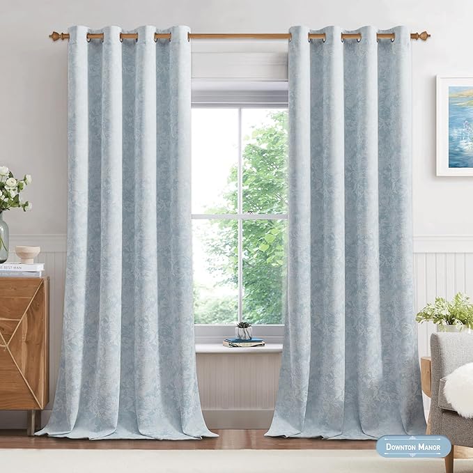 Beauoop Blue Floral Jacquard Blackout Curtains - Image 2