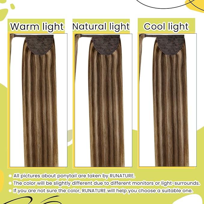 RUNATURE Ponytail Extension Human Hair, Long Real Hair Ponytail Extension with Magic Paste, Natural Remy Hair for Daily Wearing, 20 Inch 80g #3P12 Dark Brown Highlight Honey Blonde