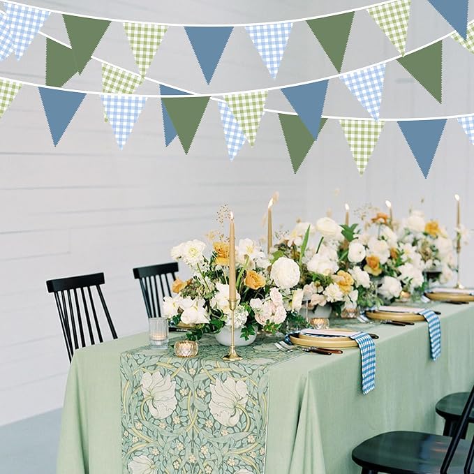 32Ft Blue Green Party Decorations Dusty Blue Sage Green Gingham Fabric Triangle - Image 5