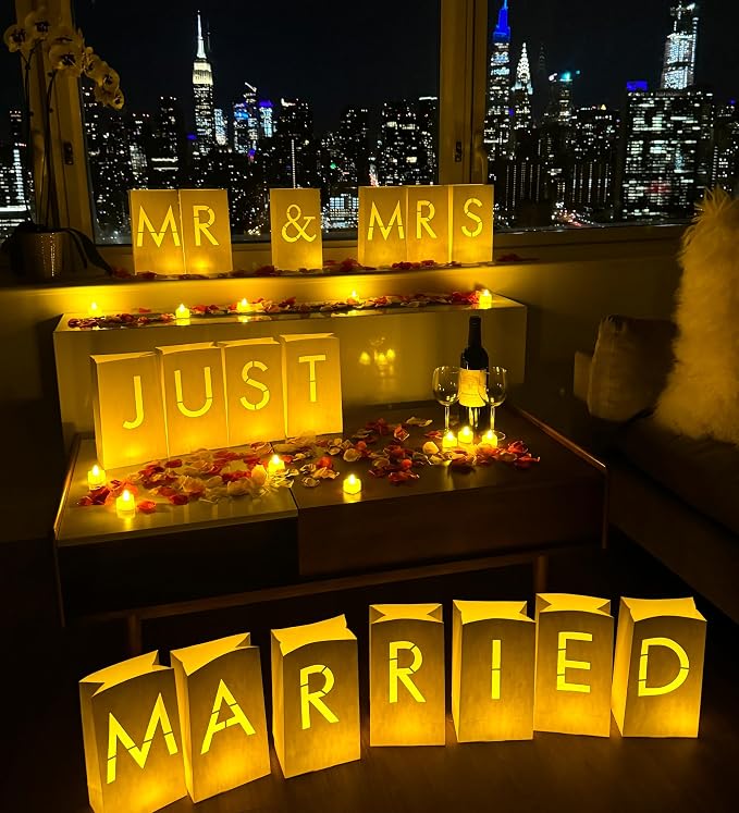 WYMM Just Married Light Up Letters, Tea Lights, Candles & Rose Petals | - Image 8