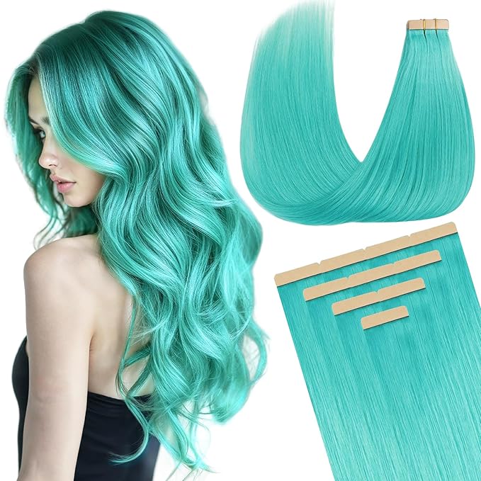 DOORES Human Hair Extensions Tape in Hair, Teal Green Tape in Hair Extensions, Remy Human Hair Extensions Invisible Tape Straight, 30g 10pcs 22 Inch