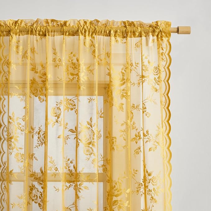 Yellow Lace Curtains 96 Inches Long 2 Panels Country Gold Flower Sheer Curtains - Image 4