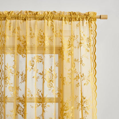 Yellow Lace Curtains 96 Inches Long 2 Panels Country Gold Flower Sheer Curtains - Image 4