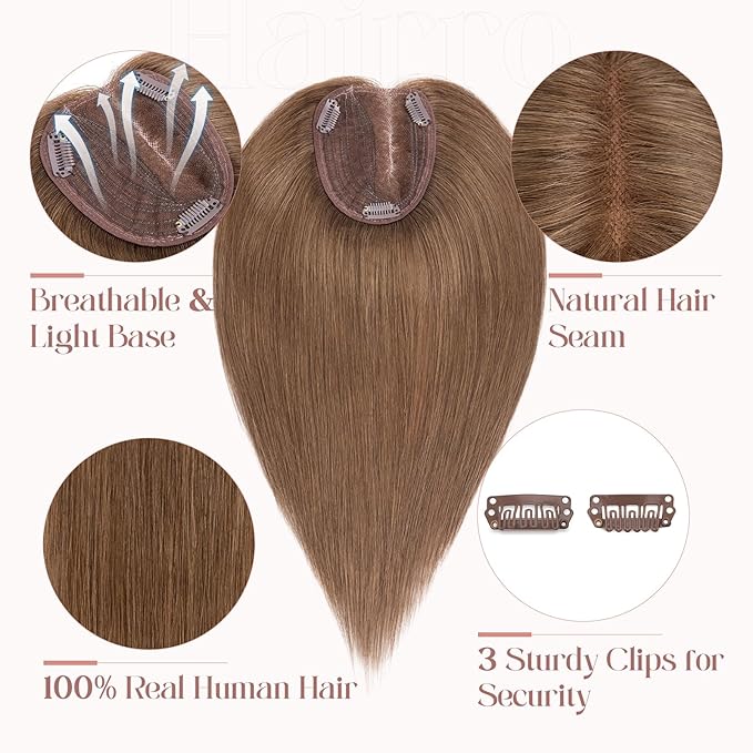 Hairro 100% Human Hair Topper No Bangs, Real Clip in Hair Hairpieces for Women, 3.94x4.72" Silk Base for Thinning Receding High Hairline, 12 Inch Mocha Brown Side Part