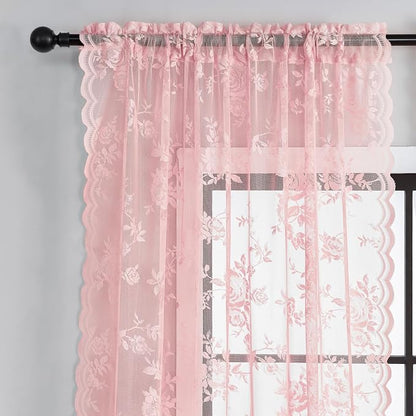 Baby Pink Lace Curtains 45 Inch Length 2 Panels set Romantic Flower Sheer - Image 4