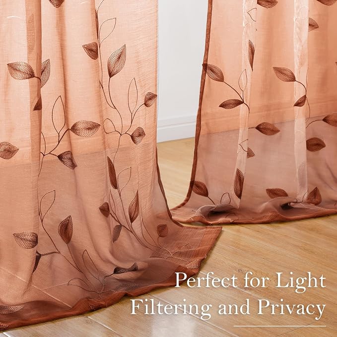 HOMEIDEAS Fall Burnt Orange Sheer Curtains 96 Inches Long 2 Panels Embroidered - Image 4