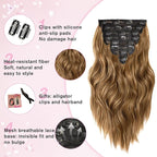 Hair Extensions for Women, 8PCS 16 Inch Chestnut Brown Clip in Hair Extensions Mix Blonde, Synthetic Wavy Clip Ins, Full Head Thick Hairpieces for Women