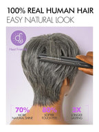 LUVME HAIR Ultra Comfort Salt & Pepper Gray Wigs Throw On & Go Short Pixie Cut with Bangs 5 Inches Skin Friendly Cotton Cap 100% Real Human Hair Glueless Wig Glueless Wig Hair Full Machine Made
