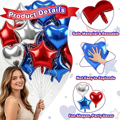 TONIFUL 18 Inch Blue Silver Red Star and Heart Foil Balloons - Image 4