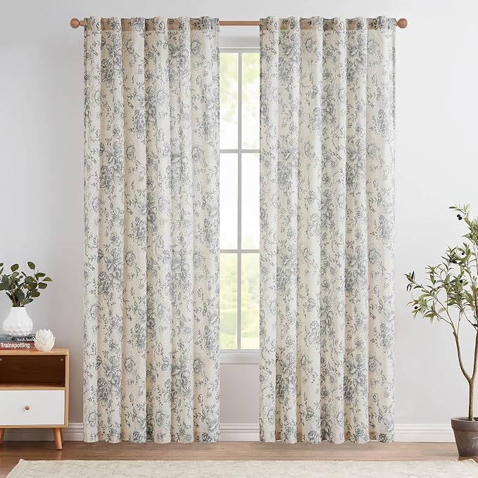 jinchan Grey Floral Linen Curtains 84 Inch Farmhouse Back Tab 2 Panels | Light - Image 2