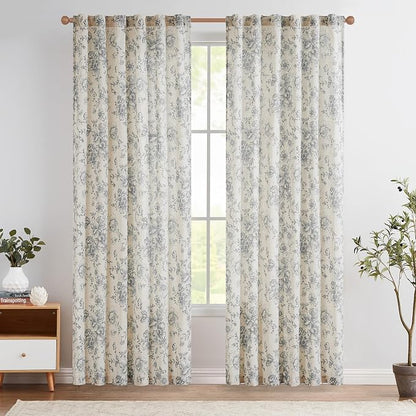 jinchan Grey Floral Linen Curtains 84 Inch Farmhouse Back Tab 2 Panels | Light - Image 2