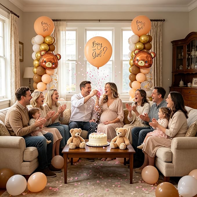 Bear Gender Reveal Balloon Column Stand Set of 2 | 104Pcs Brown Gold White - Image 5