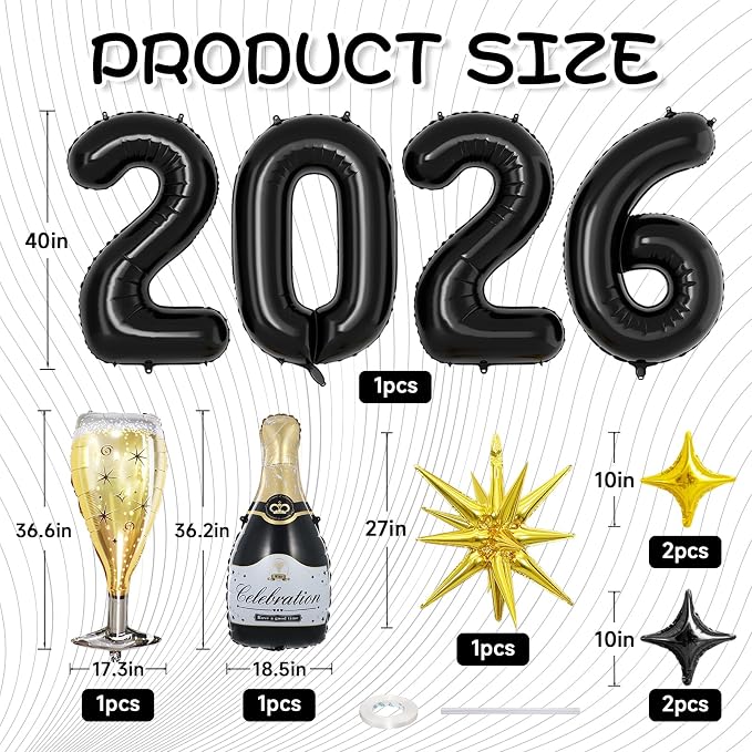 Black 2026 Balloons, 40 Inch Number 2026 Black Foil Balloons, Champagne Bottle - Image 2
