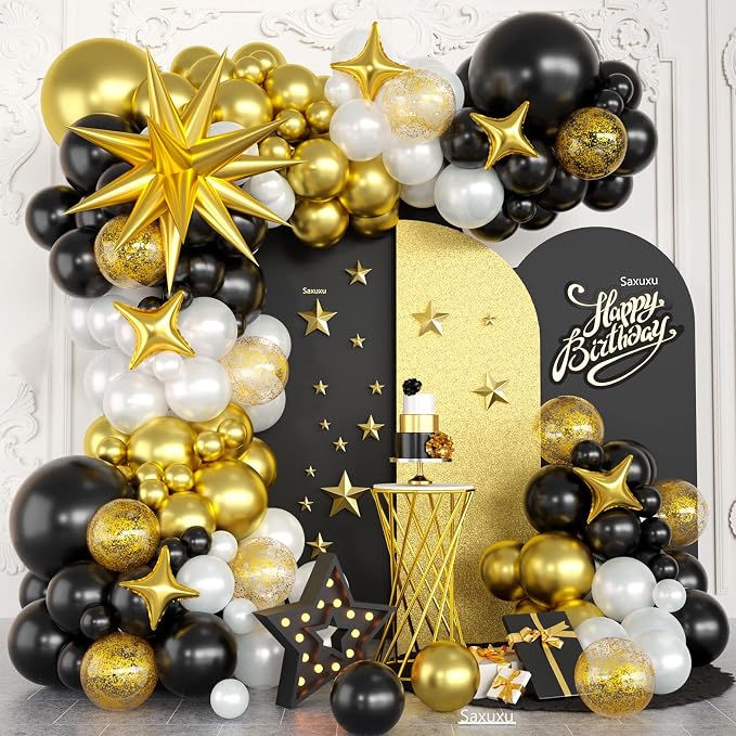 Black and Gold Balloon Arch Kit, Star Foil Balloons, Confetti Balloon by Saxuxu