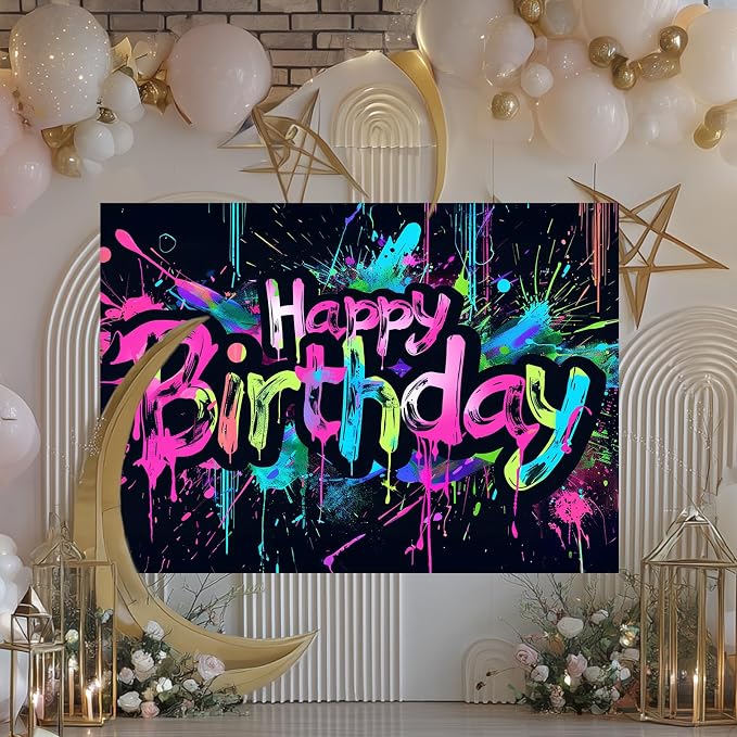 HOMETITUTE Neon Happy Birthday Banner 84x60 Inch Neon Supplies | Happy Birthday - Image 6