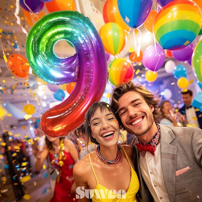 SUWEN Rainbow Number 9 Balloon 40 Inch, Big Colorful Balloons 0-9 | Large - Image 2