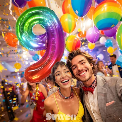 SUWEN Rainbow Number 9 Balloon 40 Inch, Big Colorful Balloons 0-9 | Large - Image 2