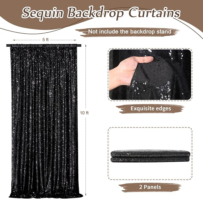 Black Backdrop Curtains 2 Pcs 5FTx10FT Sequin Party Curtains Seamless Background - Image 2