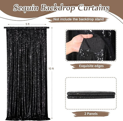 Black Backdrop Curtains 2 Pcs 5FTx10FT Sequin Party Curtains Seamless Background - Image 2
