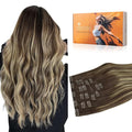 DOORES Clip in Hair Extensions Real Human Hair, Balayage Chocolate Brown to Honey Blonde 135g 18 Inch 7pcs, Natural Extensions Clip ins Thick Weft for Women