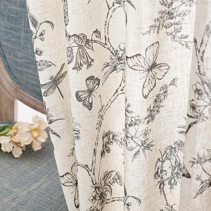 Black Floral Linen Curtains Farmhouse Rod Pocket 50W X 84L 2 Panels | Charlotte - Image 8