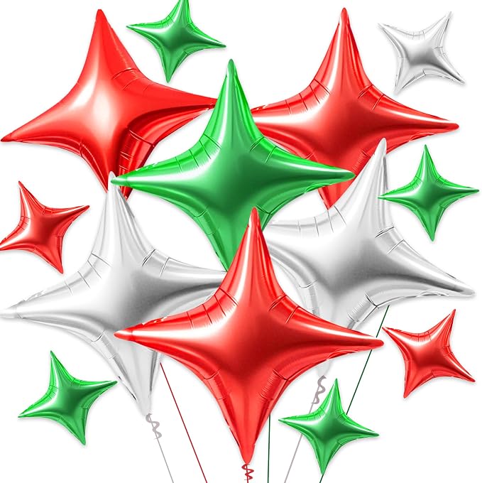 TONIFUL 30 Pcs Four Pointed Star Balloon Red Green Silver Foil Balloon | by TONIFUL
