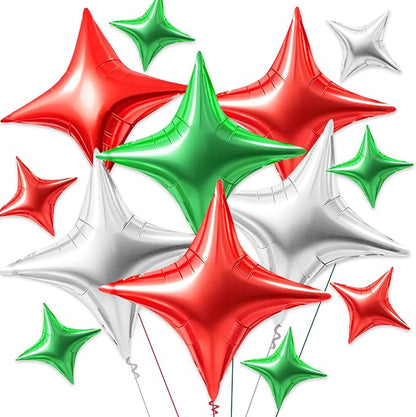 TONIFUL 30 Pcs Four Pointed Star Balloon Red Green Silver Foil Balloon | by TONIFUL