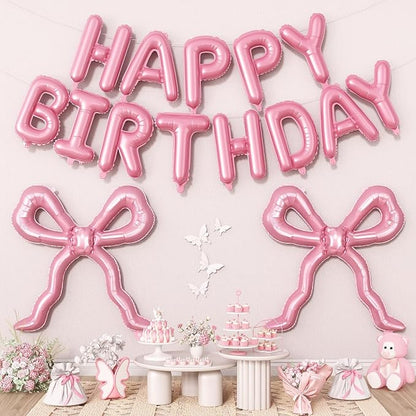 Pink Bow Happy Birthday Balloons Banner, 22 Inch Pearl Pink Bow Foil Balloons - Image 5