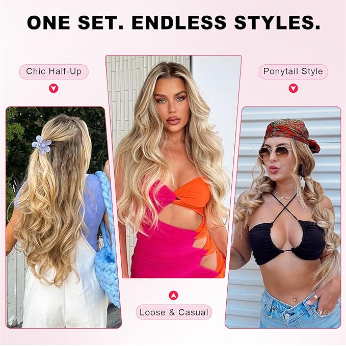 ALXNAN Long Wavy Hair Extensions for Women, Clip in Hair Extensions Clip Ins Soft Layered Synthetic Hairpieces 20 Inch Light Brown mix Golden Blonde